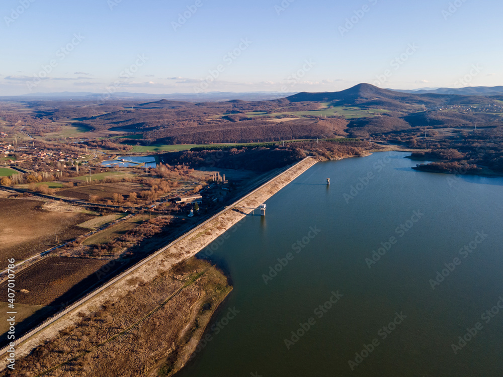 Aerial sunset view of Trakiets Reservoir, Bulgaria