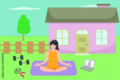 Hobby vector concept: Young woman doing yoga exercise in the backyard while watching video on laptop