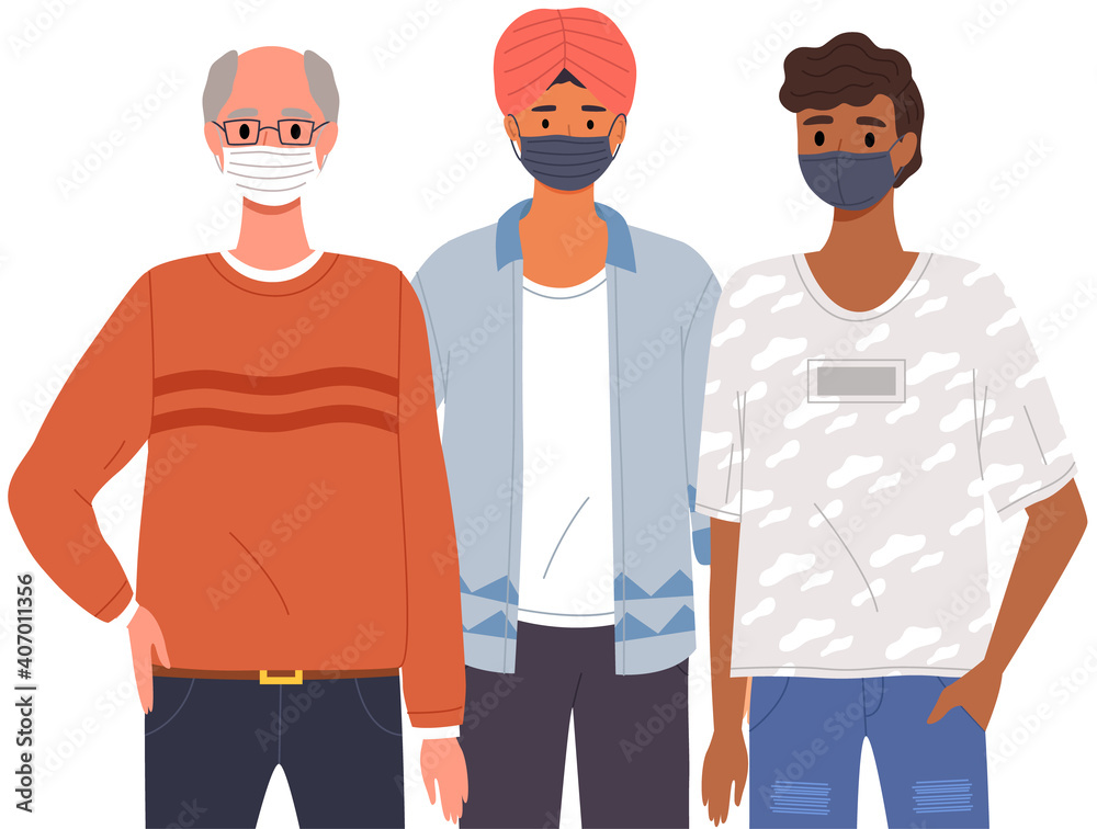 Male characters are wearing medical masks. Men stand side by side and pose, vector illustration isolated on white background. Coronavirus during time of pandemic. People protect their face with masks Male characters are wearing medical masks. Men stand side by side and pose, vector illustration isolated on white background. Coronavirus during time of pandemic. People protect their face with masks
