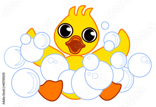 Cartoon yellow duck in soap suds