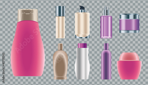 set of nine skin care bottles products icons