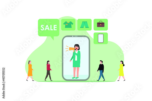 Online shopping and mobile e-commerce concept with online saleswoman promoting with megaphone on mobile phone