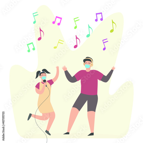 Happy teenager singing and listen music while dancing and wearing face mask © Creativa Images