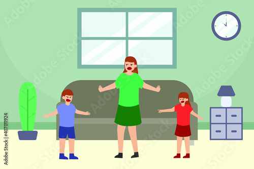 Fighting vector concept: Young mother breaking up quarrel of her children while standing at home 