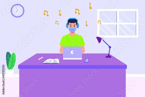 Quarantine vector concept: Male college student listening music on headphone while typing on his laptop at home 