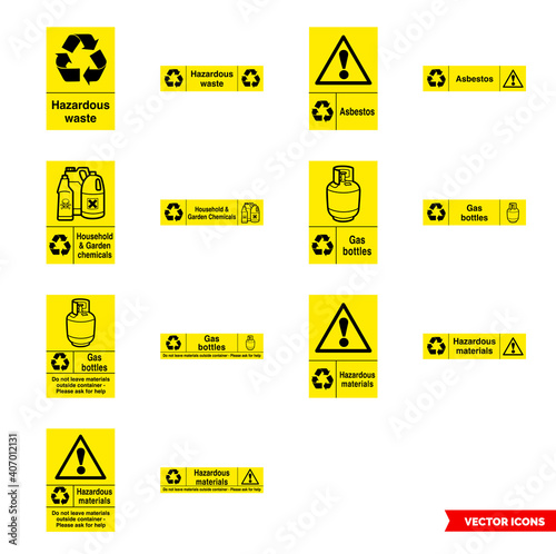 Hazardous waste recycling signs icon set of color types. Isolated vector sign symbols. Icon pack.
