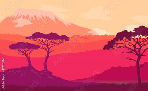 Natural savannah landscape background with snow-capped mountain peaks, clear sky sunset time, color gradient pink purple. Beautiful nature wildlife panorama with flat acacia trees silhouette
