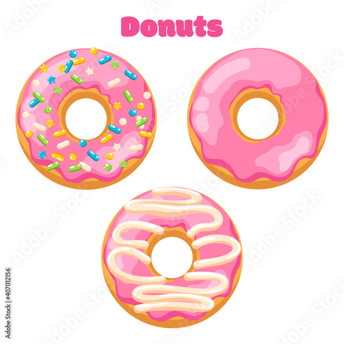 Delicious fresh sweet donut from a pastry bakery. Dessert coated with colored glaze. High-calorie pink strawberry sweet snack. Isolated clipart set on white background.
