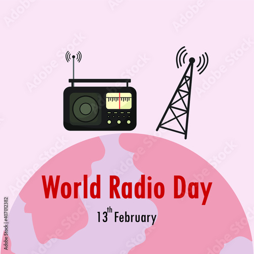 World Radio Day vector concept. Old radio with communication tower and world radio day text