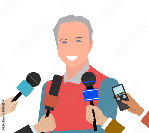 Press conference with a elderly person. Journalist with microphone interviews handsome smiling man. Gray-haired old male character while recording audio. Correspondent holds special equipment