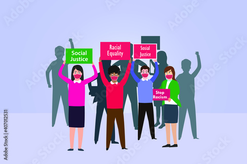 Equality vector concept. Activist wearing face mask protesting against racism and fighting for equality