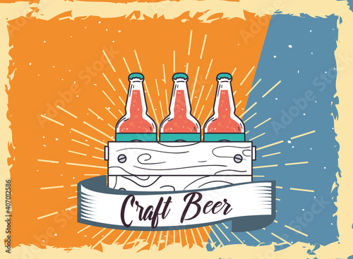 Craft beer bottles box with ribbon vector design