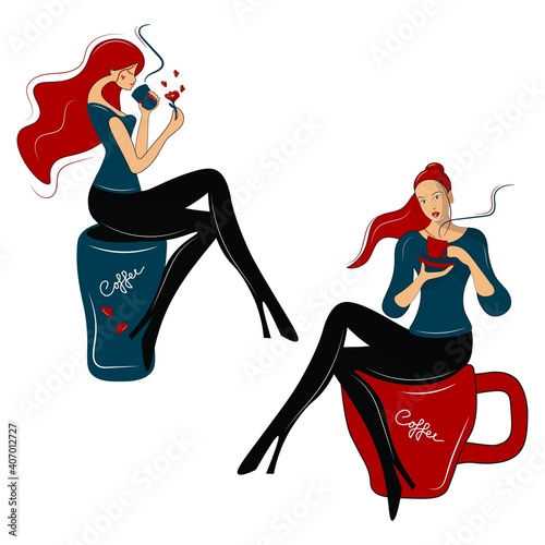 Two stylish girls drinking coffee. Cute ladies are sitting on a mug. Flat cartoon style isolated on white background. Retro eps10.