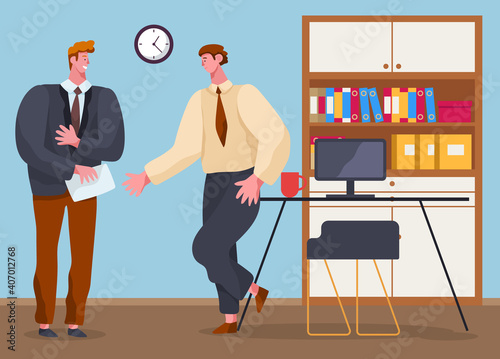 Office workers male characters meeting, discussing matters in cabinet. Business people dressed in formal clothes are talking, communicating. Employee is talking with chef. People in common workflow.
