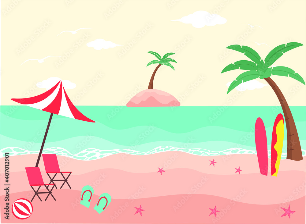 Tropical beach with bench, umbrella, sandals, and surf board. Summer vector concept