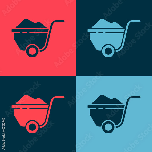 Pop art Wheelbarrow with dirt icon isolated on color background. Tool equipment. Agriculture cart wheel farm. Vector Illustration.