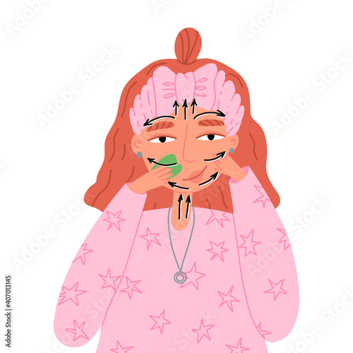 Woman with jade face roller and gua sha stone scraper. Traditional Chinese acupuncture anti-aging beauty routine.