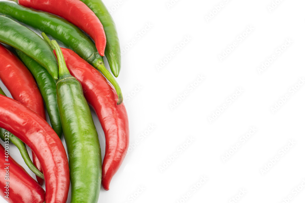 Fresh Green and red chili pepper with sliced isolated on white background, concept of vegetable ingredients in food.top view