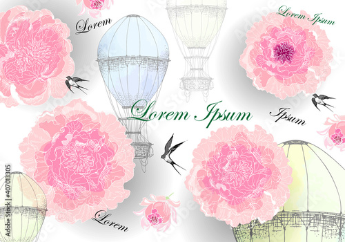 Romantic postcard in pastel colors. Pink peonies, swallows and balloons on a white background.