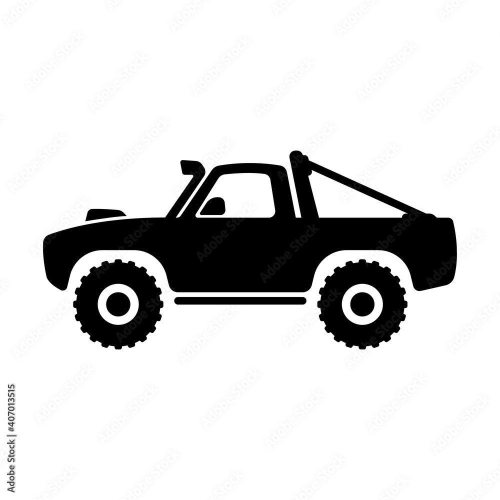 Offroad pickup icon. SUV. Black silhouette. Side view. Vector flat graphic illustration. The isolated object on a white background. Isolate.