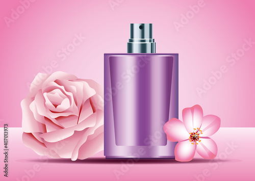 purple skin care spray bottle product with pink flowers