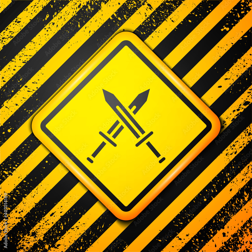 Black Crossed medieval sword icon isolated on yellow background. Medieval weapon. Warning sign. Vector. Black Crossed medieval sword icon isolated on yellow background. Medieval weapon. Warning sign. Vector.