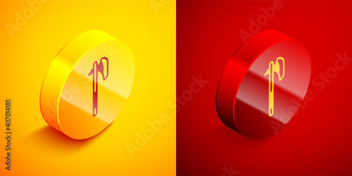 Isometric Medieval axe icon isolated on orange and red background. Battle axe, executioner axe. Medieval weapon. Circle button. Vector.