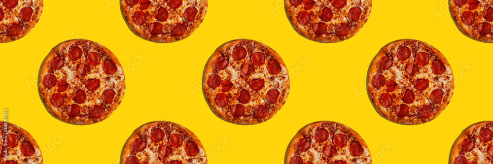 Tasty pizza seamless pattern banner on yellow background. Tasty pizza seamless pattern banner on yellow background.
