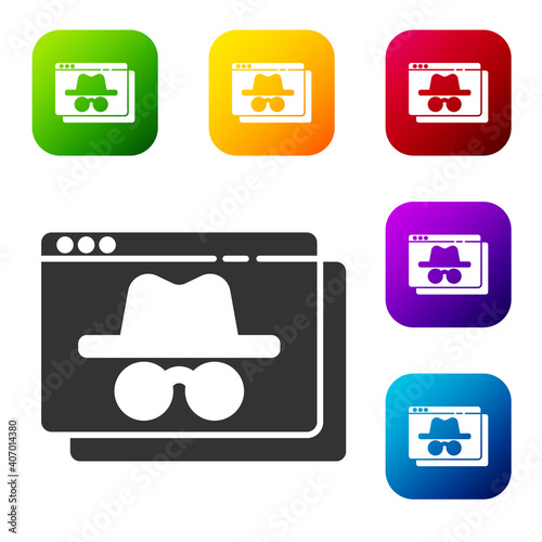 Black Browser incognito window icon isolated on white background. Set icons in color square buttons. Vector.