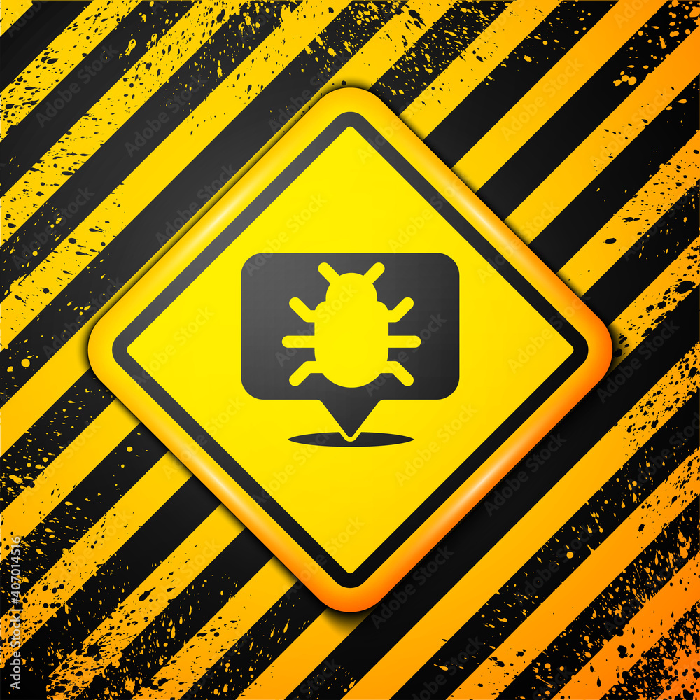 Black System bug concept icon isolated on yellow background. Code bug concept. Bug in the system. Bug searching. Warning sign. Vector. Black System bug concept icon isolated on yellow background. Code bug concept. Bug in the system. Bug searching. Warning sign. Vector.