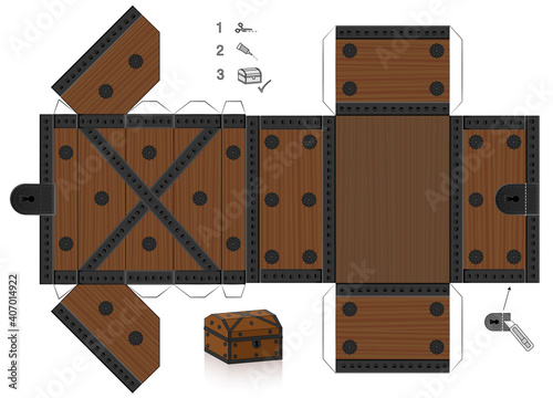 Treasure chest template. Cut out, fold and glue it. Paper model with lid that can be opened. Wooden textured box for precious objects, luxury, belongings or little things.
