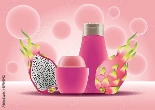 skin care pot and bottle pink products and dragon fruits