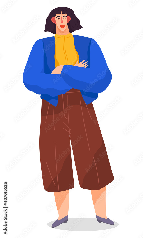 Cartoon office worker, woman in blue jacket, brown trousers, gray shoes on low stroke. Confident woman with black haircut, red lips. The female stands with arms crossed on her chest. Office staff