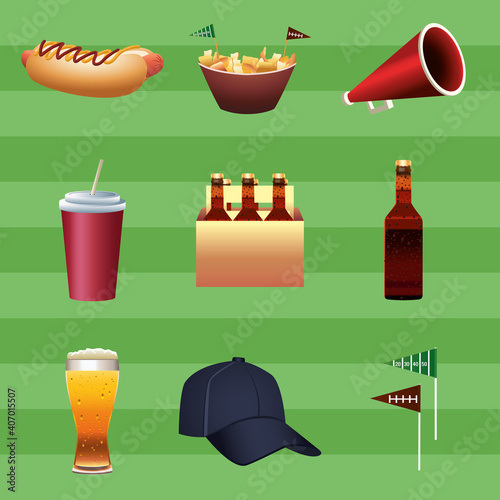 bundle of nine super bowl american football set icons in green background