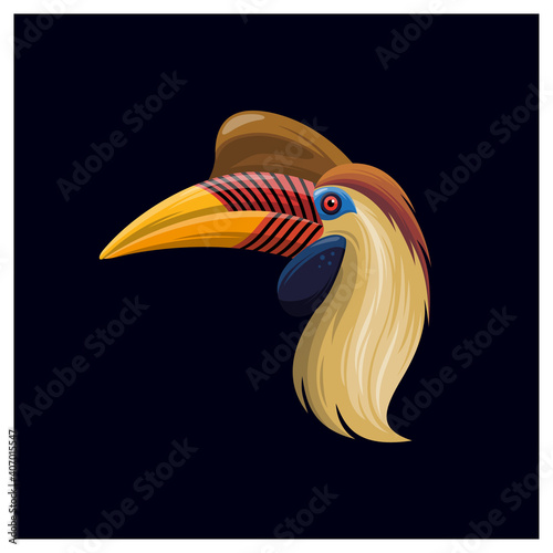 The knobbed hornbill (Rhyticeros cassidix), also known as Sulawesi wrinkled hornbill, is a colorful hornbill native to Indonesia. Vector illustration.