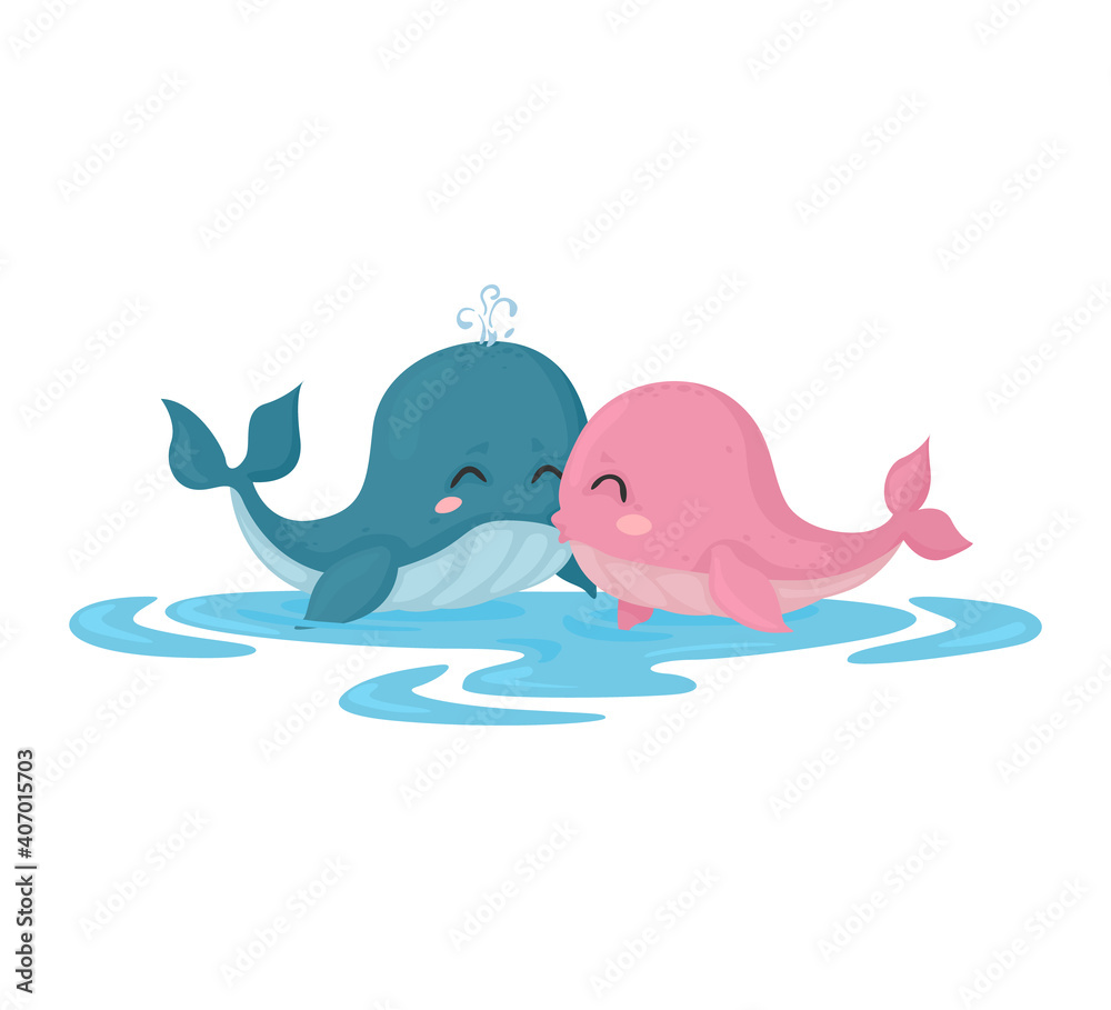 Cute illustration of whales. Valentine's day animal couple with whales. Vector. Cute illustration of whales. Valentine's day animal couple with whales. Vector.