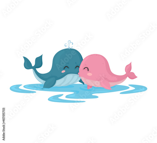 Cute illustration of whales. Valentine's day animal couple with whales. Vector.