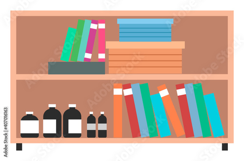 Interior equipment of a clinical office wooden cupboard with shelves with books and medicines. Piece of furniture of medical examination or medical check up interior room flat vector illustration © robu_s