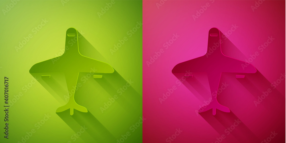 Paper cut Plane icon isolated on green and pink background. Flying airplane icon. Airliner sign. Paper art style. Vector. Paper cut Plane icon isolated on green and pink background. Flying airplane icon. Airliner sign. Paper art style. Vector.