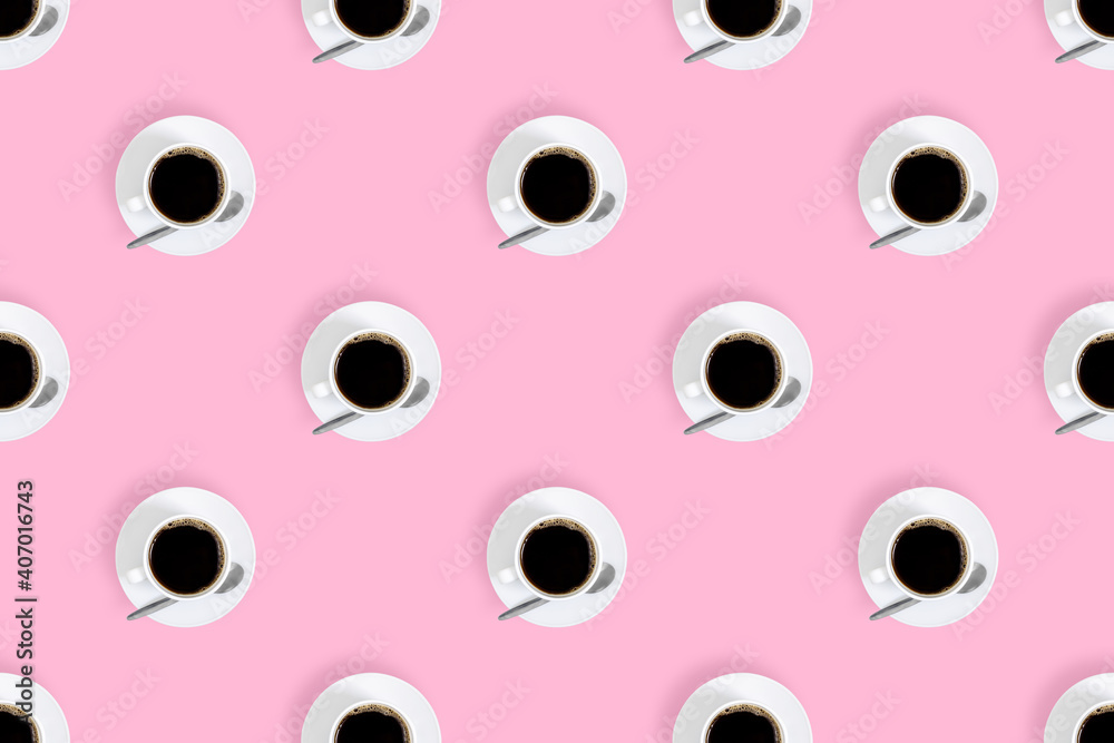 Cup of coffee seamless pattern. White cups with coffee on a bright colored background. Cup of coffee seamless pattern. White cups with coffee on a bright colored background.