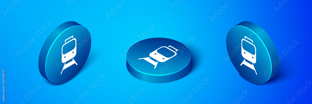Isometric Train and railway icon isolated on blue background. Public transportation symbol. Subway train transport. Metro underground. Blue circle button. Vector. Isometric Train and railway icon isolated on blue background. Public transportation symbol. Subway train transport. Metro underground. Blue circle button. Vector.