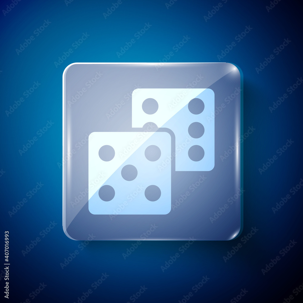 White Game dice icon isolated on blue background. Casino gambling. Square glass panels. Vector. White Game dice icon isolated on blue background. Casino gambling. Square glass panels. Vector.