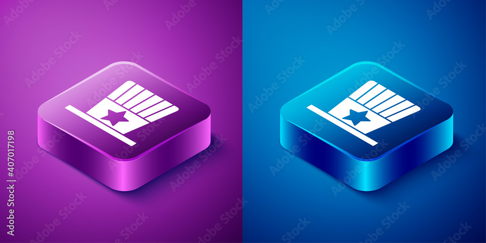 Isometric Patriotic American top hat icon isolated on blue and purple background. Uncle Sam hat. American hat independence day. Square button. Vector. Isometric Patriotic American top hat icon isolated on blue and purple background. Uncle Sam hat. American hat independence day. Square button. Vector.
