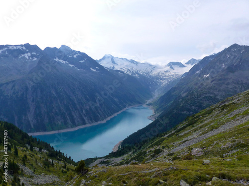 Schlegeisspeicher reservoir at Berlin high path, Zillertal Alps in Tyrol, Austria