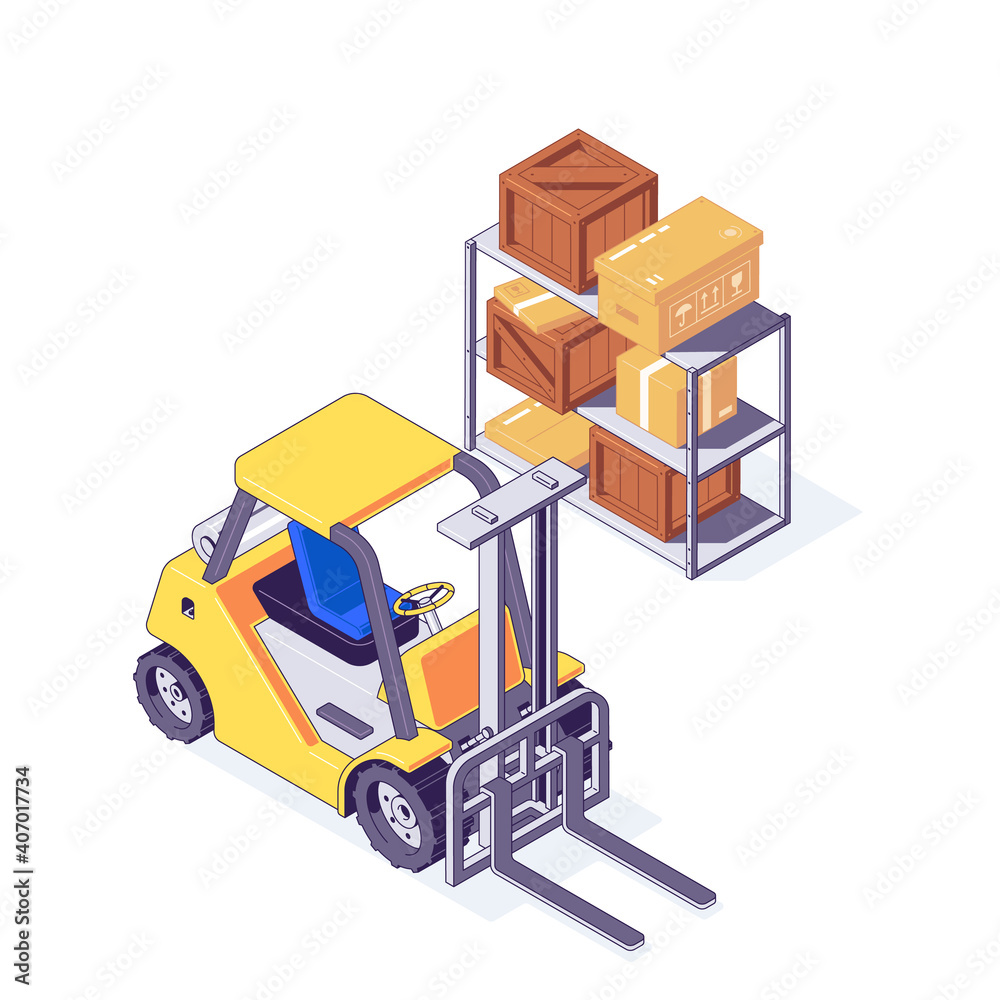 Isometric warehouse forklift with cardboard and wooden boxes on shelf.