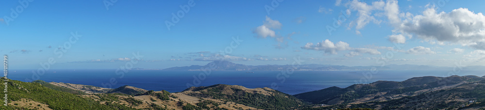 Panoramic view of the Strait of Gibraltar from a mountain with the view of the African continent