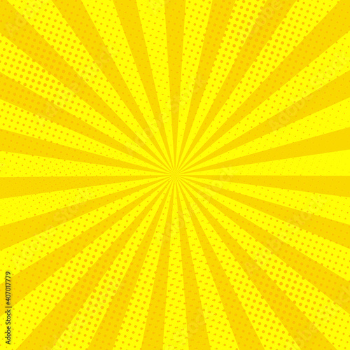 Comic book halftone effect template with radial yellow background, vector illustration eps 10.