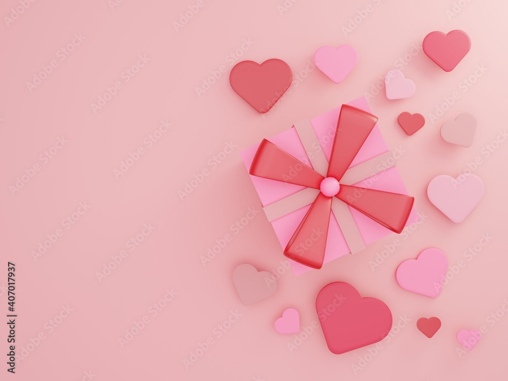3d rendering pastel pink gift box and Many identical heart shapes for Valentine's Day or Mother's Day