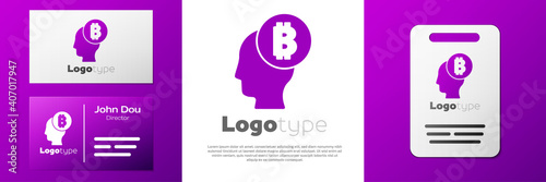 Logotype Bitcoin think icon isolated on white background. Cryptocurrency head. Blockchain technology, digital money market, cryptocoin wallet. Logo design template element. Vector.