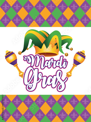 mardi gras carnival lettering with jester hat and maracas